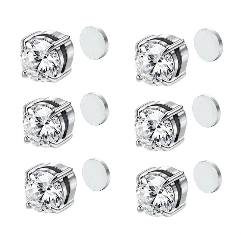 Magnetic Non-piercing Clip On Earrings: Stainless Steel 5-8mm CZ Inlay Round Square Fake Cheater Studs for Men Women