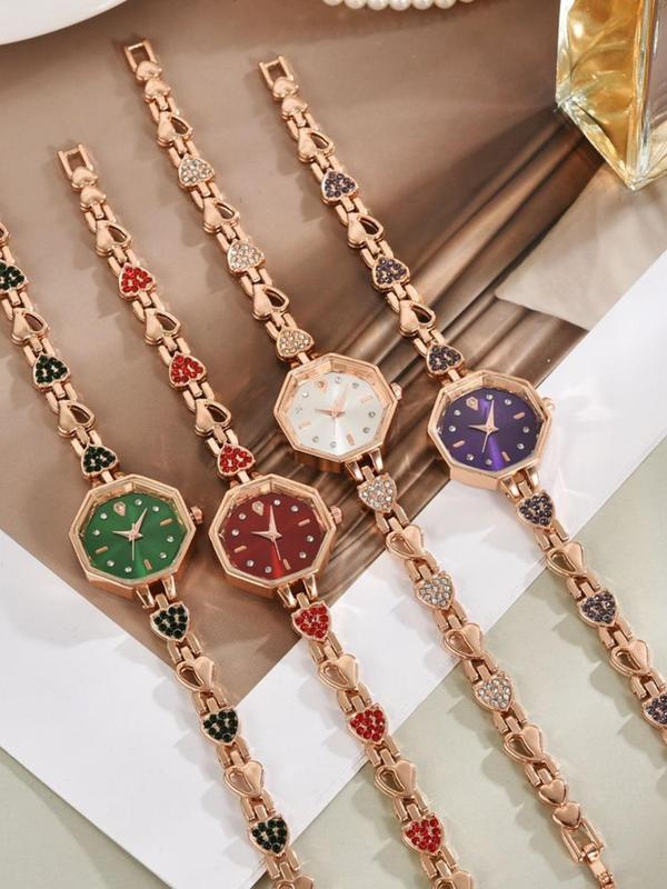 Women's Elegant Rhinestone Decorated Quartz Watch, Fashionable Heart Design Analog Watch for Women & Girls, Trendy All-match & Exquisite Watch for Birthday Gift