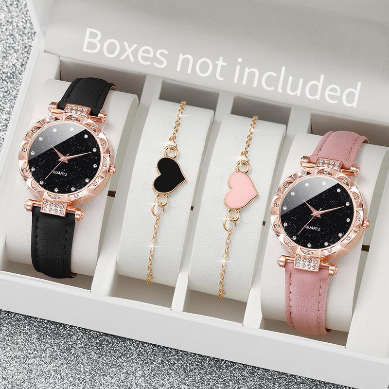 4PCS Set Women's Fashion Watch Simple Design Round Dial Leather Watch with Love Bracelet