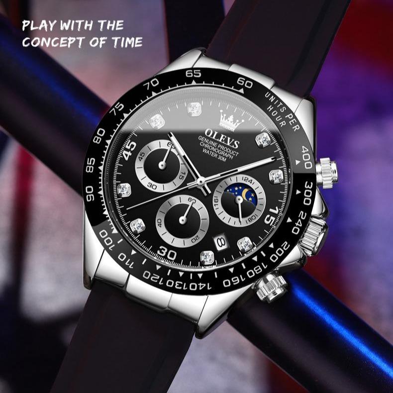 Men's Watches Chronograph Multifunction Sport Silicone Luxury Diamond Moon Phase Quartz Male Watch Waterproof Wrist Watch