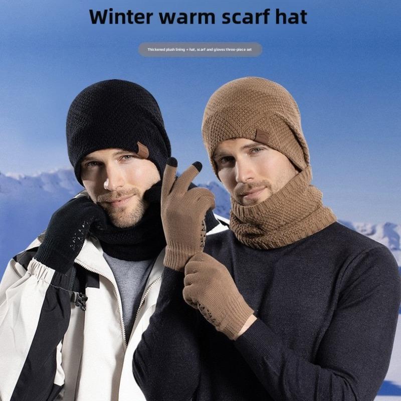 Men's Winter Sports Hat & Glove & Scarf Set, Knit Warm Hat & Glove & Scarf, Touch Screen Glove, Outdoor Sports Accessories for Men