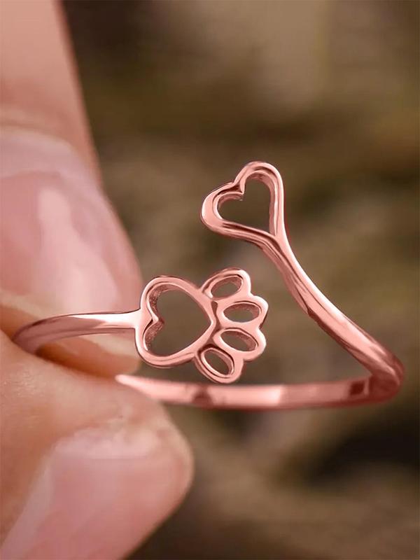 Women's Elegant Heart & Paw Design Cuff Ring, Minimalist Cute Gorgeous Cuff Ring, Trendy Chic Jewelry As Gift for Girlfriend