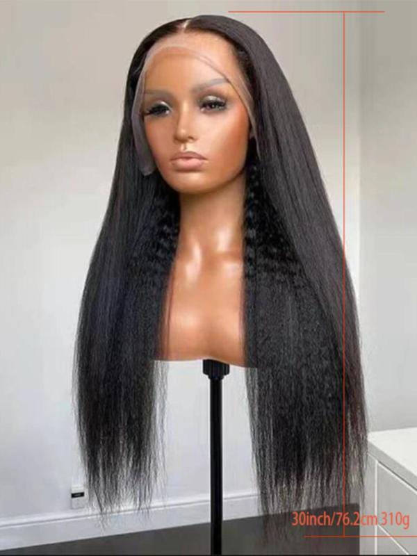 30 Inch Black Long Straight Lace Front Wig with Baby Bangs, Glueless Synthetic Wig for Daily Use, Fashion Wig for Women