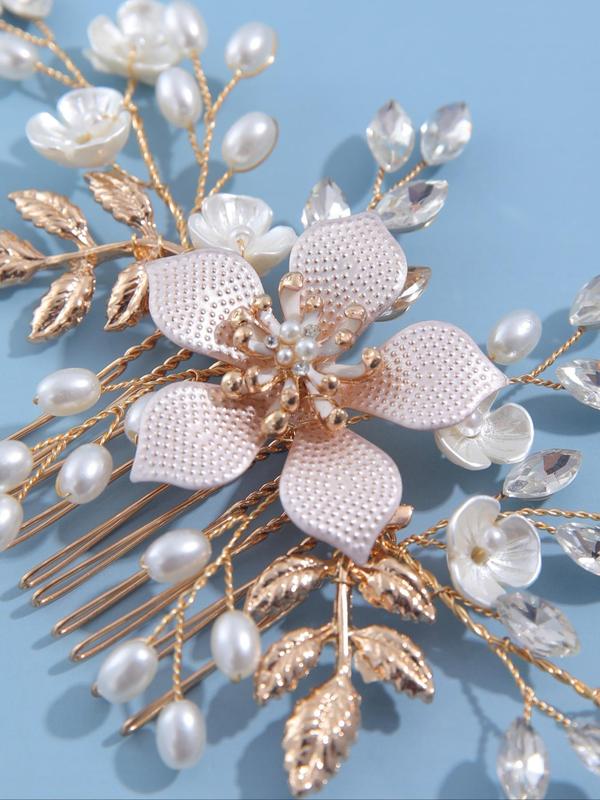 Faux Pearl & Rhinestone Decorated Flower Design Hair Comb, Elegant Bridal Headwear for Wedding Bridal Party Formal Occasions, Minimalist Headwear Suitable for Thick Hair