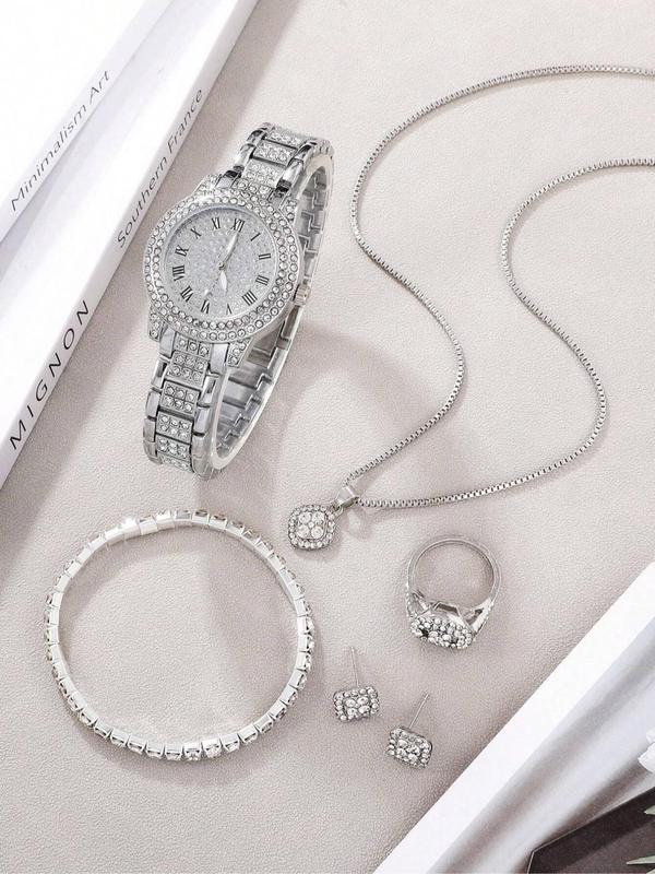 Round Dial Rhinestone Decor Quartz Watch & Bracelet & Necklace & Ring & Earring Set, without Box, Trendy Exquisite Iced Out Luxury Watch Set As Gift for Women for Back To School Gift