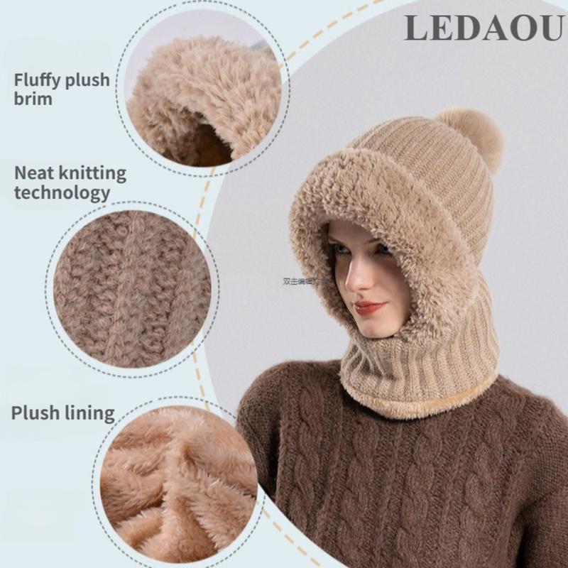 LEDAOU Women's Knitted Hat In Autumn And Winter, Cold Resistant Hat, Thickened With Fleece, Scarf Mask, One-piece Warm Hat, Outdoor Cycling Hat