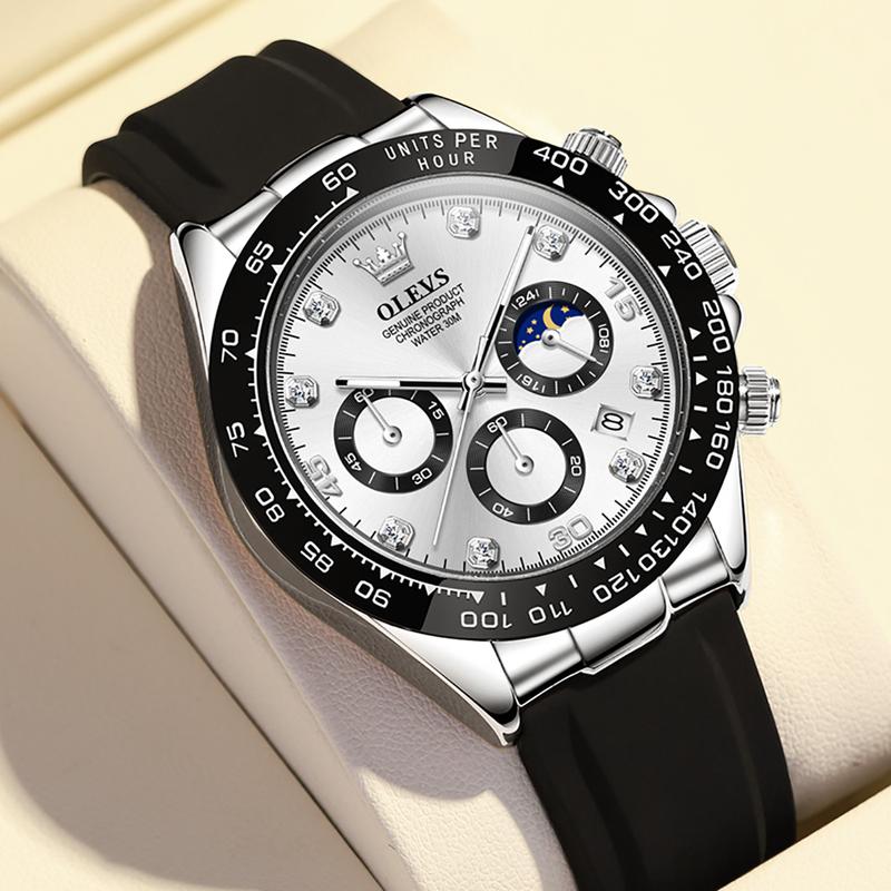 Men's Watches Chronograph Multifunction Sport Silicone Luxury Diamond Moon Phase Quartz Male Watch Waterproof Wrist Watch