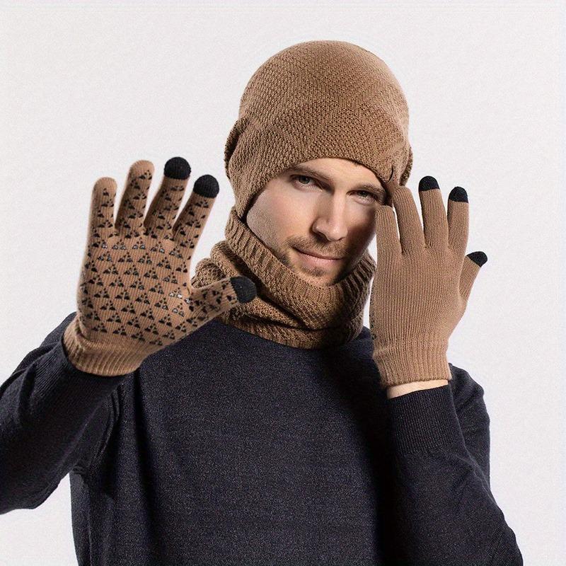 Men's Winter Sports Hat & Glove & Scarf Set, Knit Warm Hat & Glove & Scarf, Touch Screen Glove, Outdoor Sports Accessories for Men