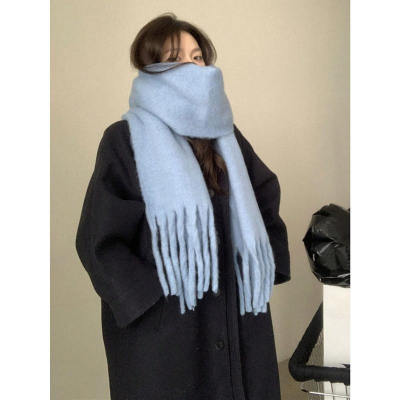 1pc Solid Color Scarf, Winter Warm Neck, Thickened Wool Knitted Thick Fringed Shawl, Can Be Worn