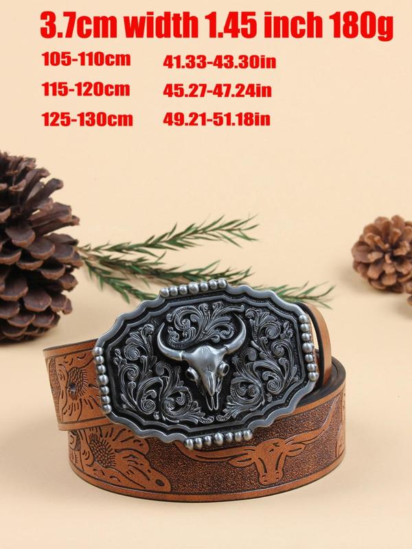 Western Cow Head Decor Belt, Vintage Style Embossed Belt for Men & Women, Fashion Belt for Party, Daily Clothing Decor, Trendy All-match & Exquisite Belt for Birthday Gift