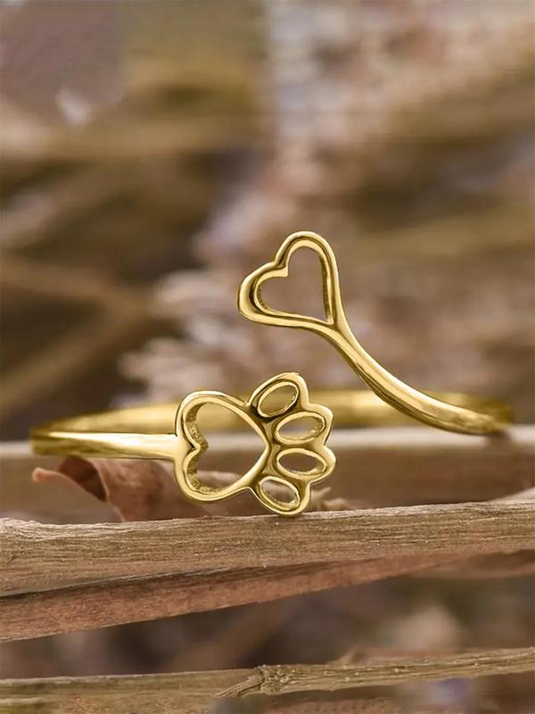 Women's Elegant Heart & Paw Design Cuff Ring, Minimalist Cute Gorgeous Cuff Ring, Trendy Chic Jewelry As Gift for Girlfriend