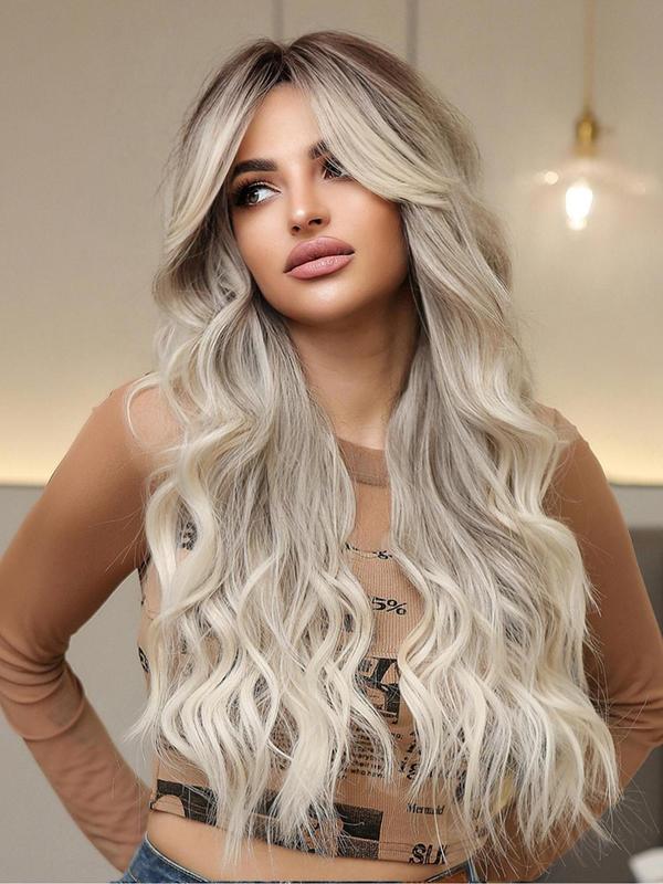 28 Inch Long Ombre & Highlight Wavy Wigs for Women, Gorgeous Fluffy Wigs with Bangs, Synthetic Full Machine Wigs for Party, Daily Use