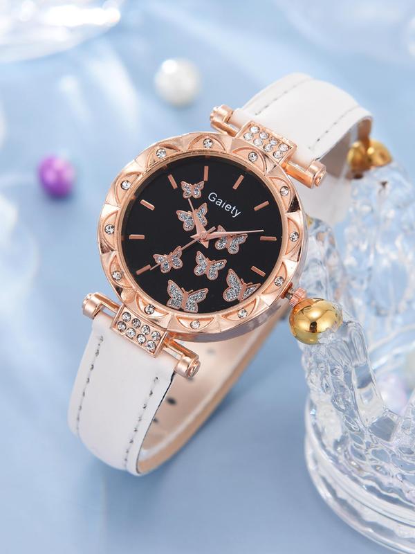 Elegant Butterfly Engraved Quartz Watch and Butterfly Decor Jewelry Set As Gift, Fashion Round Dial Pointer Quartz Watch and Jewelry Set for Women, Perfect Gifts for Girlfriends