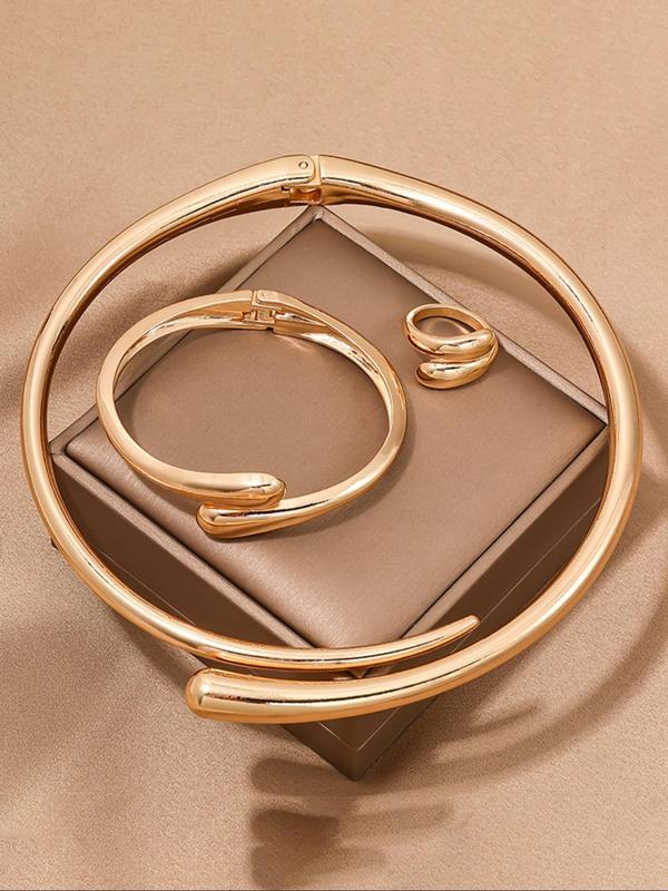 Women's Elegant Minimalist Necklace & Open Bangle Bracelet & Ring, Exquisite Trendy Jewelry Set, Fashionable Vintage Jewelry Set for Women As Gift