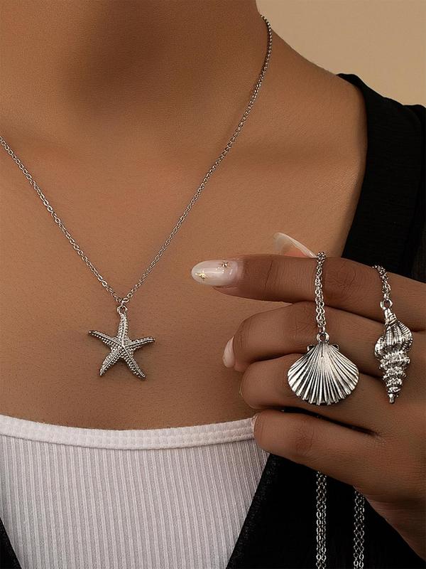 Women's Shell & Star Shaped Design Pendant Necklace, 3counts set Elegant Jewelry, All-match Fashion Accessories, Summer Matching Jewelry