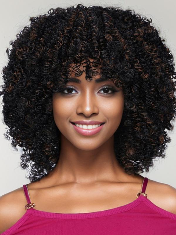 12 Inch Short Afro Kinky Curly Wigs with Khaki Highlight, Gorgeous Fluffy Wigs without Bangs, Synthetic Wigs for Party, Daily Use