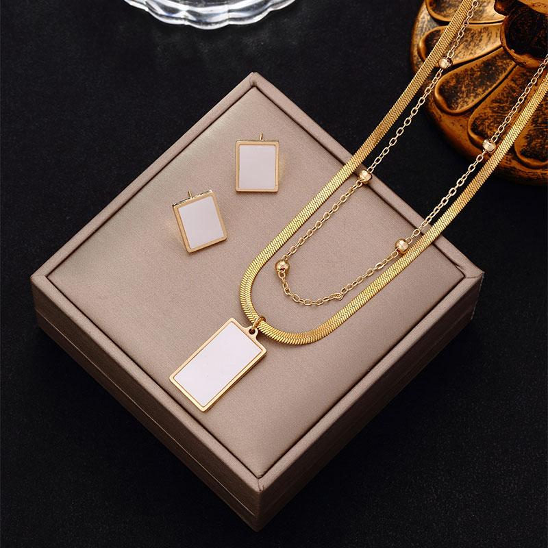 Luxury Stainless Steel Multi-layer Geometric Square Pendant Necklace Earrings for Women Girl Snake Bone Fat Chain Jewelry Set