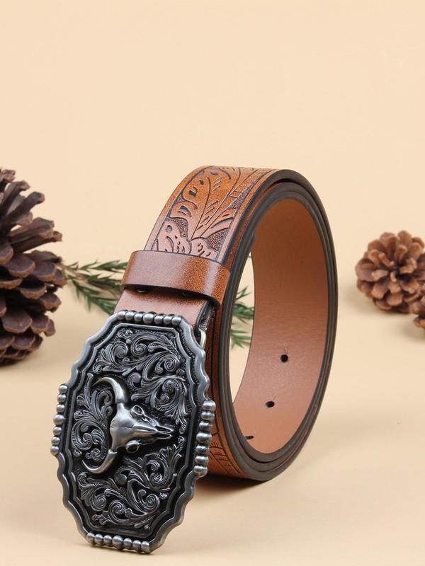 Western Cow Head Decor Belt, Vintage Style Embossed Belt for Men & Women, Fashion Belt for Party, Daily Clothing Decor, Trendy All-match & Exquisite Belt for Birthday Gift