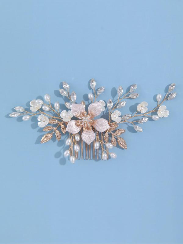 Faux Pearl & Rhinestone Decorated Flower Design Hair Comb, Elegant Bridal Headwear for Wedding Bridal Party Formal Occasions, Minimalist Headwear Suitable for Thick Hair