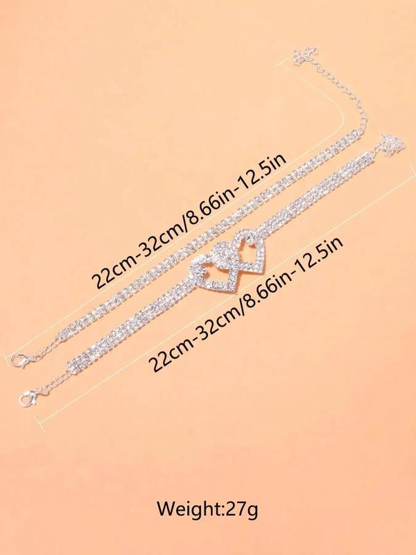 Women's Elegant Rhinestone Decorated & Heart Anklet, Fashionable Body Jewelry for Women & Girls, Fashion Casual Trendy Exquisite Jewelry for Party for Gift