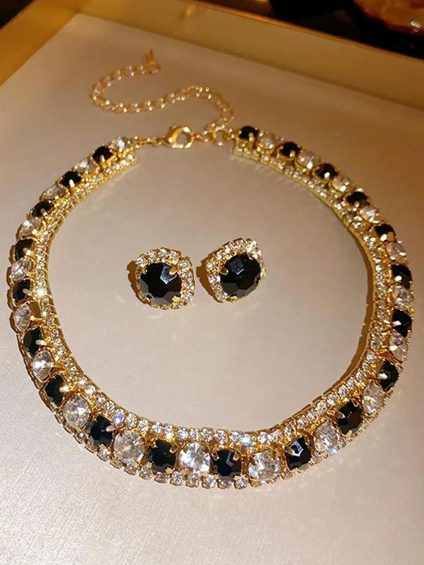 Women's Elegant Rhinestone Decorated Necklace & Earrings, Exquisite Trendy Jewelry Set, Fashionable Accessories for Party & Daily Clothing Decor