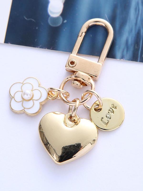 Fashion Heart & Flower Design Keychain, Cute Colorful Faux Pearl Decorated Key Ring Holder, Car Bag Pendant Ornament for Women Souvenir Birthday Gift