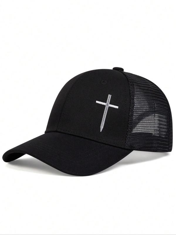 Street Trend Cross Embroidered Baseball Hat for Men & Women, Casual Trendy Baseball Trucker Hats, Adjustable Mesh Design Accessories for Daily & Back To School, Birthday Outfits