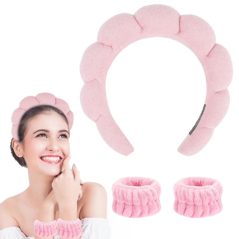 Makeup Headband for Washing , Sponge Skincare  Wash headbands for Women Girls - Bubble Soft Terry Towel Cloth Hair Band for Skincare Makeup Removal, Puffy Non Slip Thick Headwear(Pink)