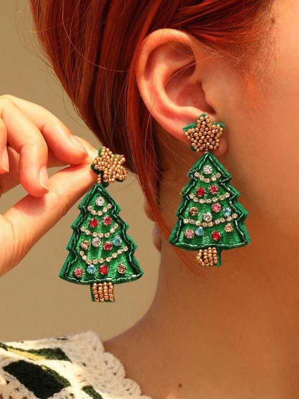 Cute Star Decor Christmas Tree Dangle Earrings, Rhinestone Decor Beads Design Earrings for Women, Fashion Jewelry for Party, Daily Decor, Trendy All-match & Exquisite Jewelry for Gift