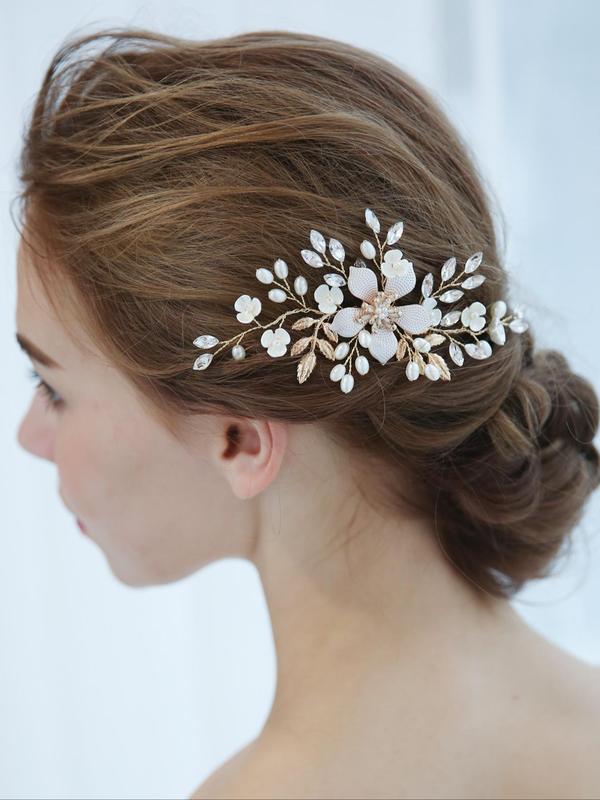 Faux Pearl & Rhinestone Decorated Flower Design Hair Comb, Elegant Bridal Headwear for Wedding Bridal Party Formal Occasions, Minimalist Headwear Suitable for Thick Hair