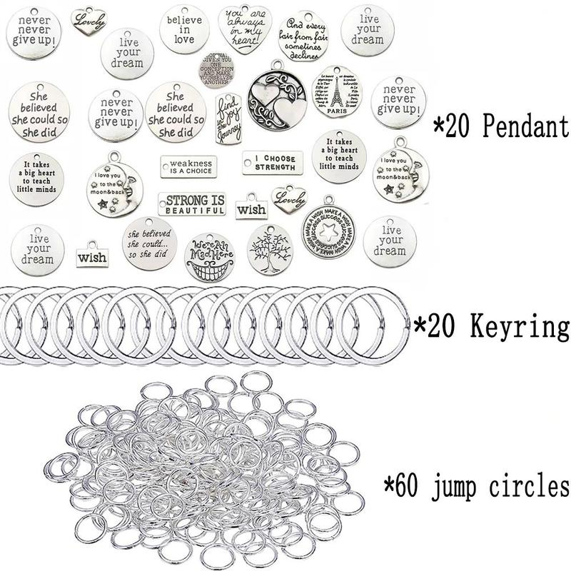 DIY Keyring Accessories, 100pcs set Inspirational Keychain Kit, Including 20pcs Pendant & 20pcs Keyring & 60pcs Jump Circle, Art Crafts Keychain Supplies, Christmas Gift