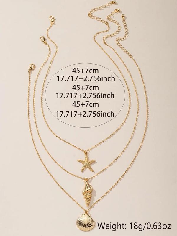 Women's Shell & Star Shaped Design Pendant Necklace, 3counts set Elegant Jewelry, All-match Fashion Accessories, Summer Matching Jewelry