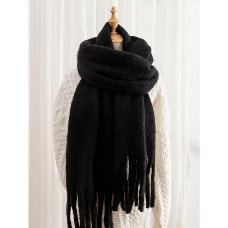 1pc Solid Color Scarf, Winter Warm Neck, Thickened Wool Knitted Thick Fringed Shawl, Can Be Worn