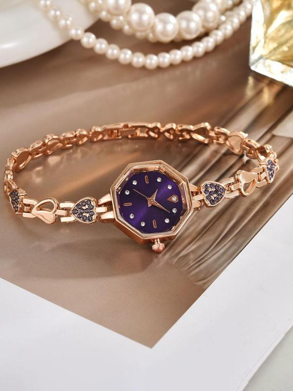 Women's Elegant Rhinestone Decorated Quartz Watch, Fashionable Heart Design Analog Watch for Women & Girls, Trendy All-match & Exquisite Watch for Birthday Gift