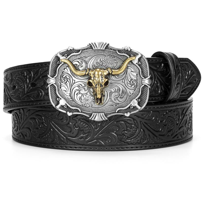 Cowboy Cowgirl Leather Buckle Belt for Men Women Western Leather Belt for Jeans