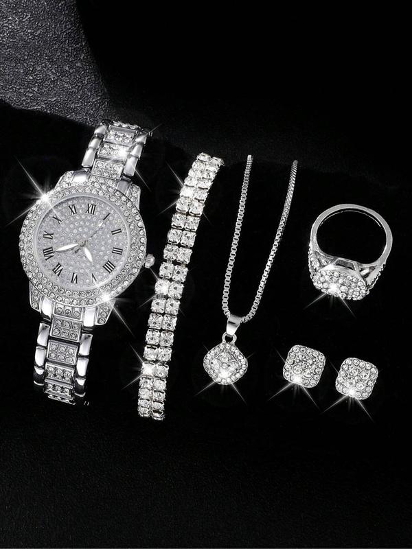 Round Dial Rhinestone Decor Quartz Watch & Bracelet & Necklace & Ring & Earring Set, without Box, Trendy Exquisite Iced Out Luxury Watch Set As Gift for Women for Back To School Gift