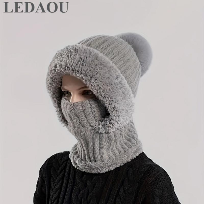 LEDAOU Women's Knitted Hat In Autumn And Winter, Cold Resistant Hat, Thickened With Fleece, Scarf Mask, One-piece Warm Hat, Outdoor Cycling Hat