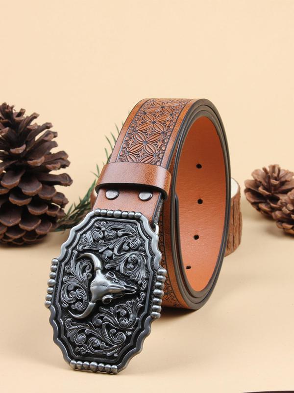 Western Cow Head Decor Belt, Vintage Style Embossed Belt for Men & Women, Fashion Belt for Party, Daily Clothing Decor, Trendy All-match & Exquisite Belt for Birthday Gift