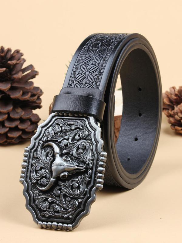 Western Cow Head Decor Belt, Vintage Style Embossed Belt for Men & Women, Fashion Belt for Party, Daily Clothing Decor, Trendy All-match & Exquisite Belt for Birthday Gift