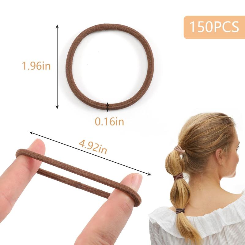 150 count Elastic Hair Ties, No Crease Ponytail Holders for Women, Men, Girls and Boys, Large No  Hair Ties for Thick Thin Hair, Brown (4mm)