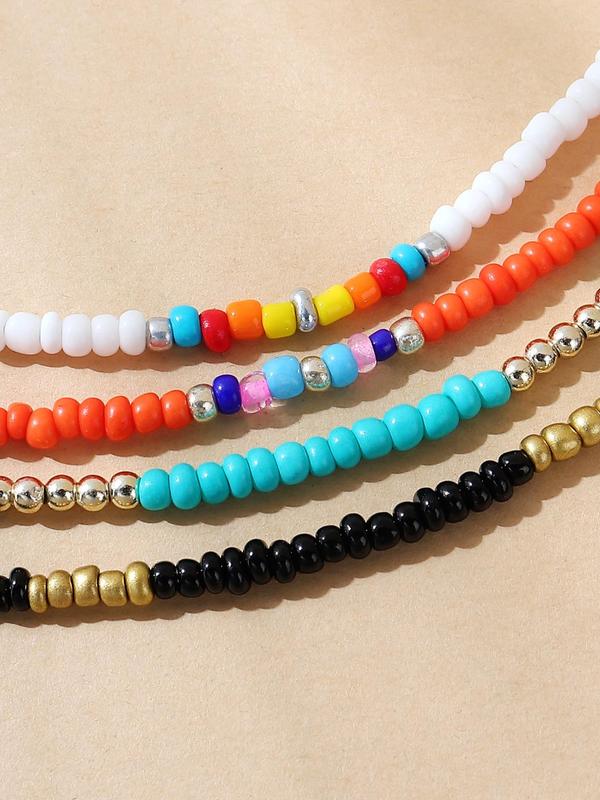 4pcs Boho Style Colorblock Beaded Anklet, Fashionable Foot Jewelry For Women, Daily Clothing Decor For Girl