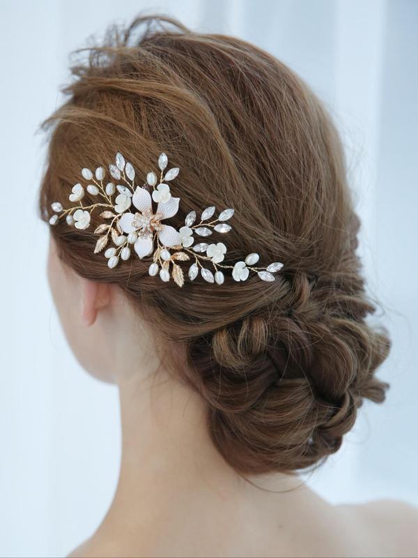 Faux Pearl & Rhinestone Decorated Flower Design Hair Comb, Elegant Bridal Headwear for Wedding Bridal Party Formal Occasions, Minimalist Headwear Suitable for Thick Hair