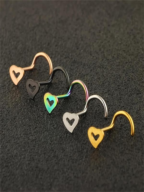 Cute Hollow out Heart Design Nose Ring As Gift for Couple, 5pcs Stainless Steel Nose Studs for Boyfriend & Girlfriend, Elegant All-match Fashion Exquisite Body Jewelry As Birthday Gifts