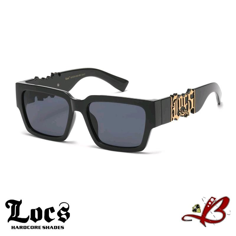 LOCS BIG LOGO Cutout Black Gold Retro Full Frame Dark Lenses Gangster Style Big LOCS Logo Biker Gangster Hardcore Hip Hop Rapper Sunglasses aviator shades