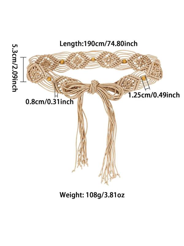 Boho Style Beaded Decor Wax Rope Braid Design Belt, Vintage Style Tie Up Waist Belt for Women, Fashion Belt for Party, Daily Clothing Decor, Trendy All-match & Exquisite Belt for Birthday Gift