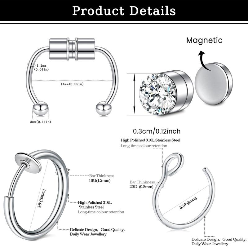 D.bella Punk Magnetic Nose Rings Fake Nose Rings Set Fake Nose Ring Hoop Clip On Faux Nose Ring Fake Nose Earrings for Men Women Non-Piercing