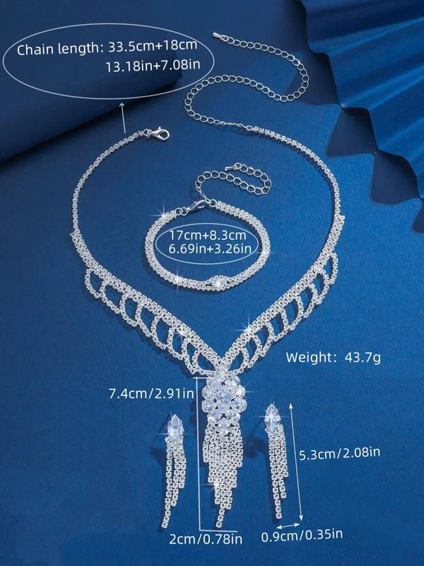 Women's Elegant Rhinestone Decorated Jewelry Set, Exquisite Trendy Tassel Design Necklace & Bracelet & Dangle Earrings, Chic Jewelry Set for Party Decoration