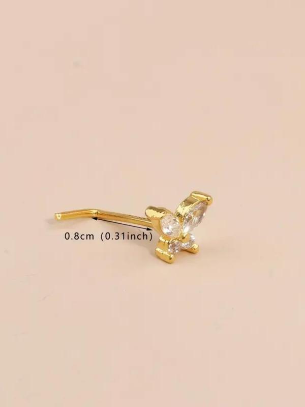 Women's Elegant Rhinestone Decorated Butterfly Design L-shaped Nose Stud, Exquisite Trendy Nose Stud, Fashionable Body Jewelry for Women & Girls