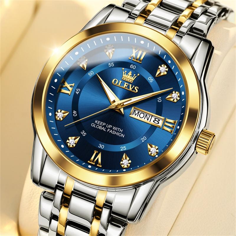 OLEVS Classic Men Watches with Date,Stainless Steel Man Watch with Date, Bussiness Watches for Men,Luminous Quartz Mens Watches Black White Blue Gold, Waterproof Male Watch with Week