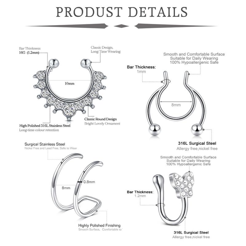 D.bella Punk Magnetic Nose Rings Fake Nose Rings Set Fake Nose Ring Hoop Clip On Faux Nose Ring Fake Nose Earrings for Men Women Non-Piercing